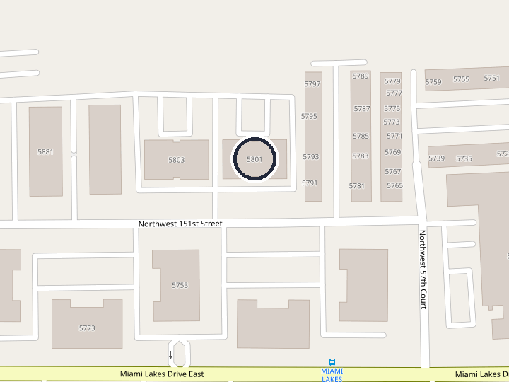 Street map of the block around the office. Building 5801 is circled, on Northwest 151st Street between Northwest 57th Court and Miami Lakes Drive East.